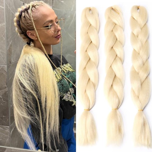 Blonde (613#) Braiding Hair Extensions Blonde Braid Crochet Twist Hair Synthetic High Temperature Fiber for Women 24 Inches 100g/bundle (3 Bundles/Pack,613#)