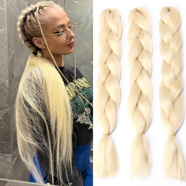 Blonde (613#) Braiding Hair Extensions Blonde Braid Crochet Twist Hair Synthetic High Temperature Fiber for Women 24 Inches 100g/bundle (3 Bundles/Pack,613#)