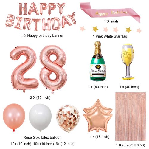 Fancypartyshop 28th Birthday Decorations - Rose Gold Happy Birthday Banner and Sash with Number 28 Balloons Latex Confetti balloons Ideal for Girl and Women 28 Years Old Birthday Rose Gold
