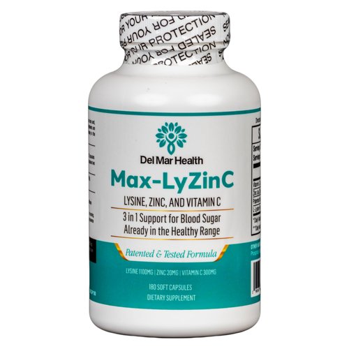 Del Mar Health Max-LyZinC: L-Lysine 1100mg + Zinc 6 mg + Vitamin C 100 mg - 3-in-1 Supplement for Maintaining Blood Sugar Already in The Healthy Range - 180 Capsules / 30-Day Supply