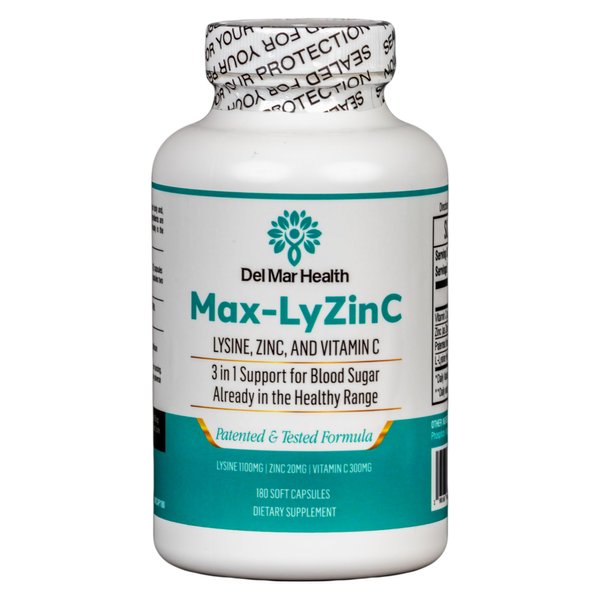 Del Mar Health Max-LyZinC: L-Lysine 1100mg + Zinc 6 mg + Vitamin C 100 mg - 3-in-1 Supplement for Maintaining Blood Sugar Already in The Healthy Range - 180 Capsules / 30-Day Supply