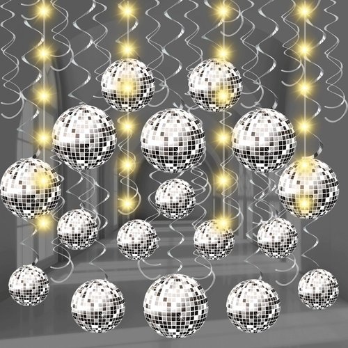 64 PCS Disco Party Decorations 70's Disco Hanging Swirls with Lights 70s Disco Ball Swirls Ceiling for Boogie Party Retro Disco Fever Party 80s Disco Swirl Ceiling 1970s Party Decoration Supplies