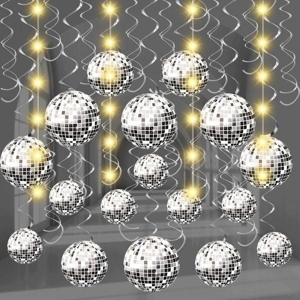 64 PCS Disco Party Decorations 70's Disco Hanging Swirls with Lights 70s Disco Ball Swirls Ceiling for Boogie Party Retro Disco Fever Party 80s Disco Swirl Ceiling 1970s Party Decoration Supplies