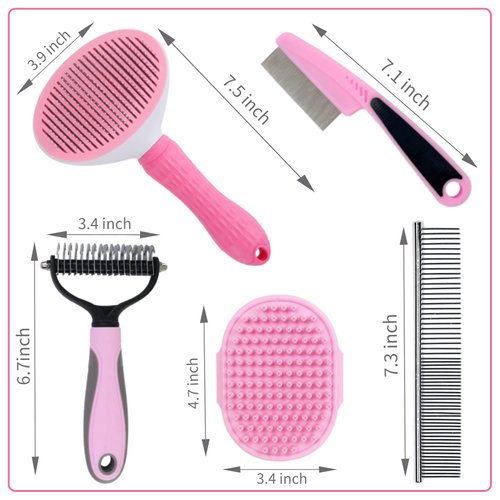MASTER QUEEN Dog Brush for Grooming Kit 5PCS - Deshedding Dog Brush for Short Hair Dogs, Dog Hair Brush for Grooming Small Dogs,Puppy Brush and Slicker Brush for Dogs, Flea Comb and Dog Comb Set Pink
