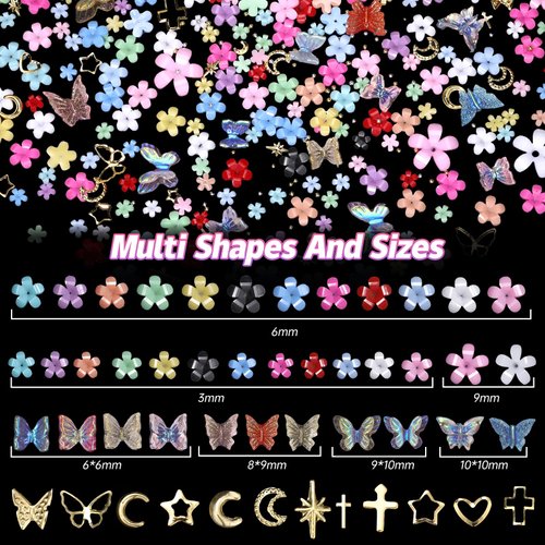 3D Color Tiny Blossom Flowers Nails Charms Kit, Color Butterfly Nail Acrylic Charms, Shiny Gold Multi Shapes Butterfly Flower Moon Star Cross Nail Art Charms DIY Jewel Accessories with Pickup Tool