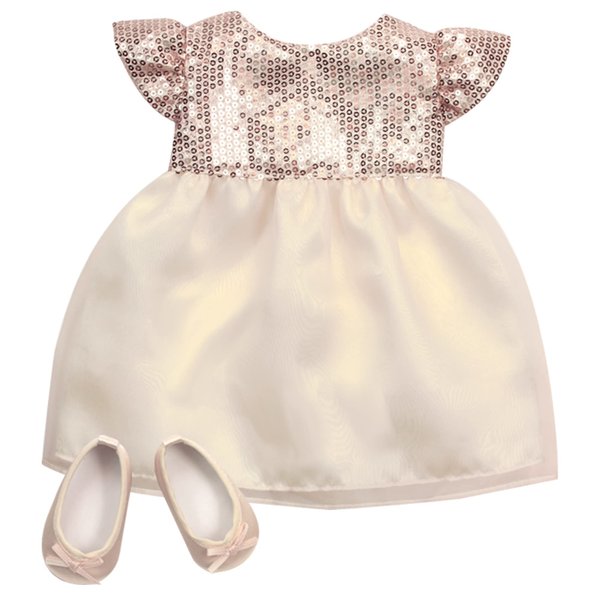 Sophia's Holiday Special Occasion Sparkling Sequin Top Dress with Organza Skirt & Matching Ballet Flat Shoes for 15” Baby Dolls, Champagne Gold