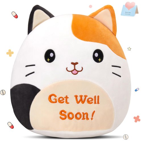Houwsbaby 12" Get Well Soon Cat Plush Pillow,Calico Cat Stuffed Animal, Soft Sofa Cushion Squishy Plushie Kitty Toy,Feel Better Presents for Recovering Patient