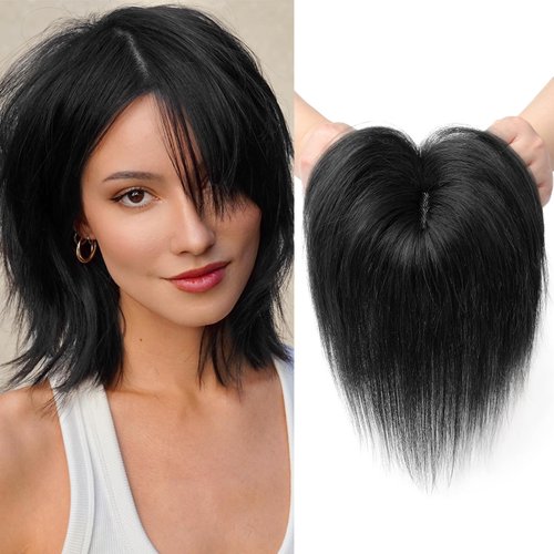REECHO Human Hair Toppers, 6 Inch Hair Toppers for Thin Hair, Topper Hair Pieces with Bangs Real Human Hair, Clip In Wig Hair Topper Top Hair Extensions - Natural Black