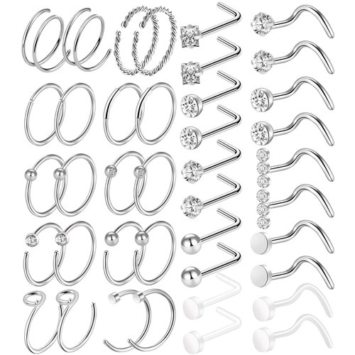 ONESING 40 Pcs 20G Nose Rings for Women Nose Piercings Jewelry Nose Rings Hoops L Shape Nose Stud...