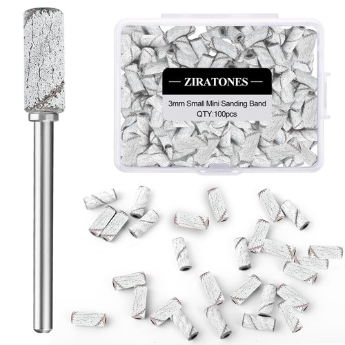 ZIRATONES 100 Pcs 3mm Professional Small Sanding Bands with Upgrade Design 3.1mm Mandrel Bit for Nail Drill,150# Medium Grit Nail File for Acrylic Nails Gel Manicures and Pedicure