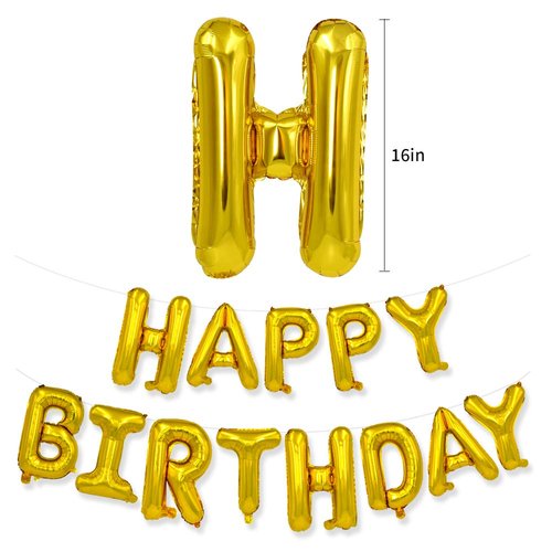 TONIFUL 3D Gold Happy Birthday Balloons Banner with Ribbon Straw, 16 Inch Mylar Foil Letters Birthday Sign Banner Balloon Bunting Reusable for Girls Boys Kids & Adults Birthday Halloween Supplies