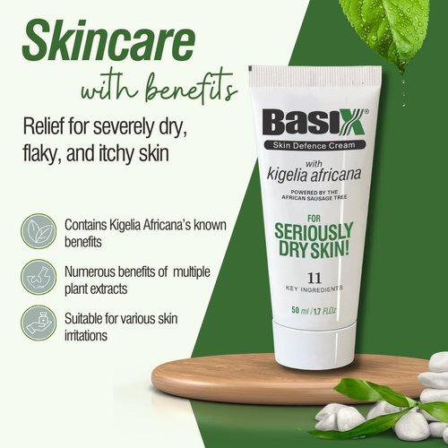 Basix Skin Defence Repair Cream (Twin Pack) Kigelia African Sausage Tree Soothes Eczema Psoriasis Dermatitis Acne Natural Ingredients for Dry Itchy Skin Lemon Ginger Plum Rosemary Vitamin E Rose Aloe