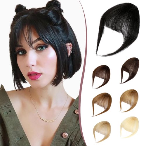 Fanguilar Clip in Bangs, Bangs Hair Clip Real Human Hair Wispy Bangs Clip in Hair Extensions, Dark Black Air Bangs Fringe with Temples Hairpieces for Women, Curved Bangs Clip on Bangs for Daily Wear