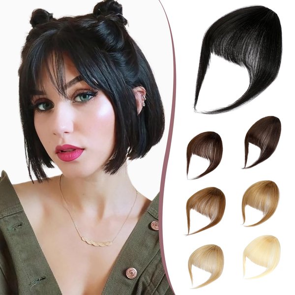 Fanguilar Clip in Bangs, Bangs Hair Clip Real Human Hair Wispy Bangs Clip in Hair Extensions, Dark Black Air Bangs Fringe with Temples Hairpieces for Women, Curved Bangs Clip on Bangs for Daily Wear