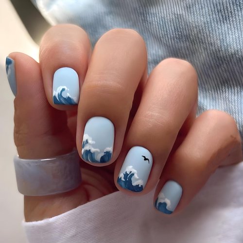 Square Press on Nails Short Blue Fake Nails with Ocean Designs Artificial Glossy False Nails Acry...