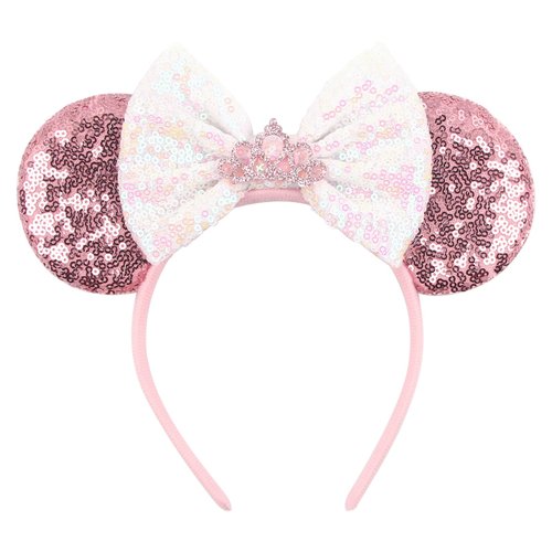 zhezesmila Pink Mouse Ears, Sequin Bow Mouse Ears Headband for Girls Women, Cosplay Costume Princ...