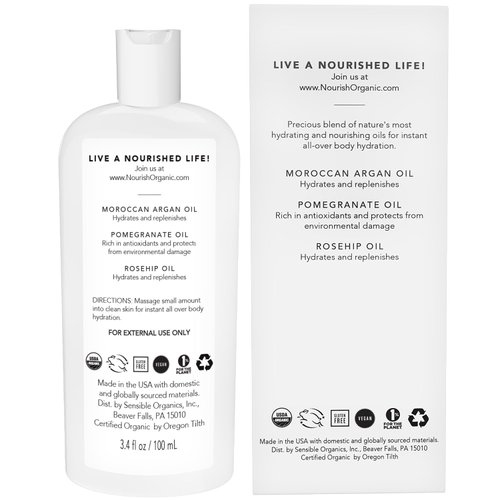 Nourish Organic Beauty Oil – Replenishing Body Oil with Moroccan Argan Oil, Pomegranate, Rosehip Oil & Vitamin E, 3.4 Oz + Washable Cotton Round.