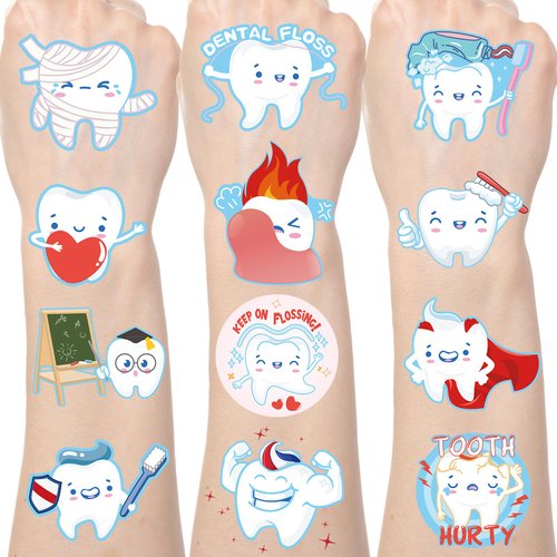 Yoyuspy Tooth Temporary Tattoos Stickers - 200+ Dental Party Favors Cartoon Tooth Tattoos Temporary Realistic Gifts for Kids Cute Stickers Tooth Fairy Party Decorations Supplies Decor Prizes Rewards