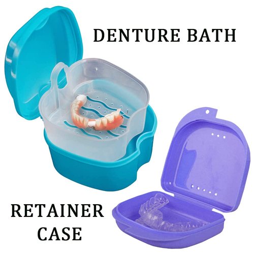 Denture Bath Case Cup with Denture Cleaner Brush & Retainer Holder Box, Complete Clean Care for Dentures, Clear Braces, Mouth Guard, Night Guard & Retainers,Traveling (Blue)