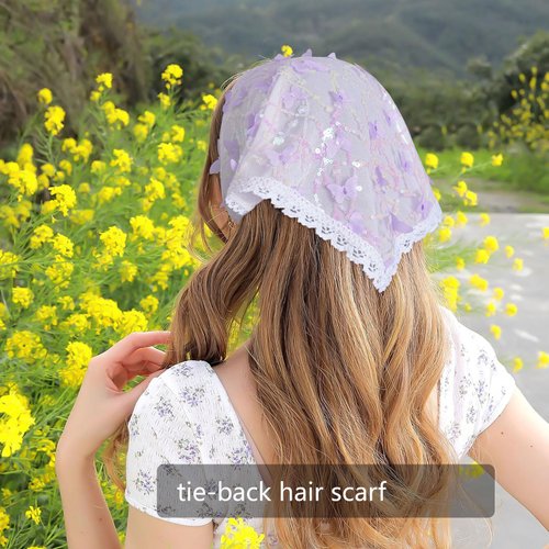 AWAYTR 2Pcs Floral Hair Bandanas Tie-back Head Kerchief for Women Flower Mesh Hair Scarves Lightweight Triangular Head Scarf (Champagne Pink/purple)