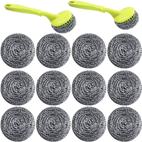 18 PCS Stainless Steel Sponges Scrubbers Cleaning Ball Utensil Scrubber Metal Scrubber Scouring Pads Ball for Pot Pan Dish Wash Cleaning for Removing Rust Dirty Cookware Cleaner with Handle (18 Pack)