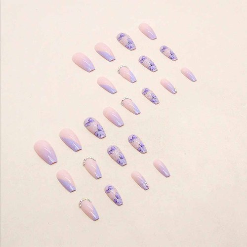 Foccna Purple Fake Nails Sequins Glitter Acrylic Butterfly Artificail Long Press on Rhinestone Nails, Purple Full Cover Fake Nails with Design Nail Tips for Women&Girls-24PCS