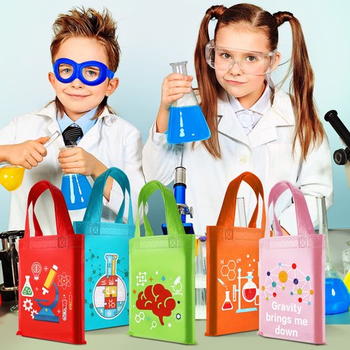 Ferraycle 24 Pcs Science Party Favor Bags Science Goodie Gift Treat Bag Non Woven Birthday Party Decoration Science Themed Party Favor Bags Treat Bags with Handles Science Birthday Party Supplies
