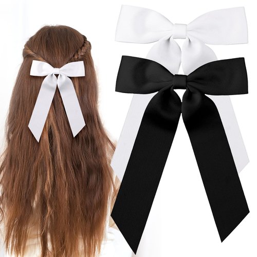Ouligay 2pcs Silky Satin Hair Bows for Women, Bow Hair Clips, Hair Ribbon Bow Ponytail Holder, Slide Metal Clips Hair Bow with Long Tail, Hair Bow Barrettes Clips for Women Girls Toddlers Teens Kids