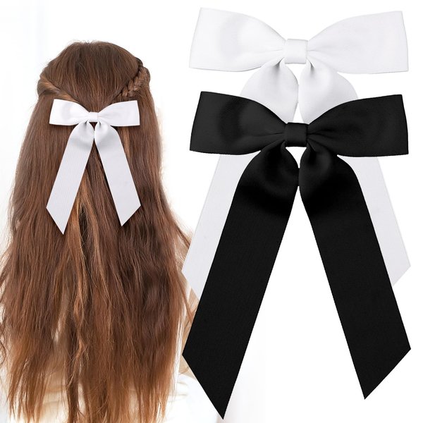 Ouligay 2pcs Silky Satin Hair Bows for Women, Bow Hair Clips, Hair Ribbon Bow Ponytail Holder, Slide Metal Clips Hair Bow with Long Tail, Hair Bow Barrettes Clips for Women Girls Toddlers Teens Kids