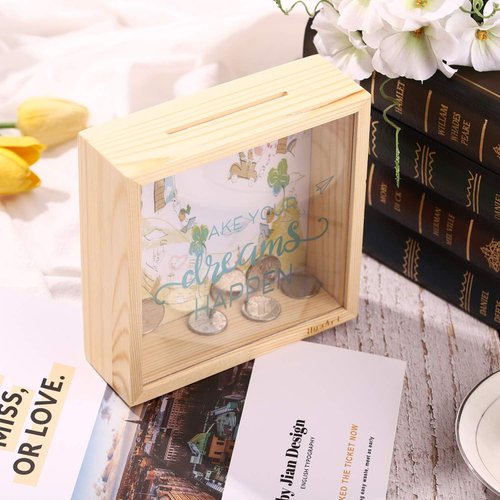Piggy Banks for Adults, Decorative Shadow Box Wooden Frame, Coin Bank Money Bank, Sized 6.5x6.5x2.2 Inch, Natural Wood Money Box, Printed on The Plexiglass Front-Make Your Dreams Happen.