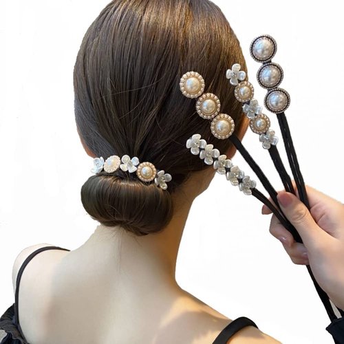ericotry 4Pcs Magic Hair Bun Maker Flower Hairpins Twist Curler DIY Hair Styling Tool with Pearls and Flowers for Fine Ladies and Girls