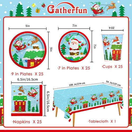 Christmas Party Supplies - Christmas Santa-Themed Disposable Paper Plates, Napkins and Cups Set with Waterproof Plastic Tablecloth - Perfect Merry Christmas Party Decorations，Serve 25