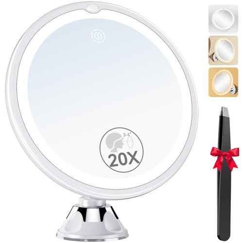 Auxmir Upgraded 20X Magnifying Lighted Makeup Mirror with 3 Color Lights, Touch Dimmable 8" Vanity Mirror with Power Suction Cup, 360° Swivel, Portable Bathroom Mirror with Tweezer for Home Travel