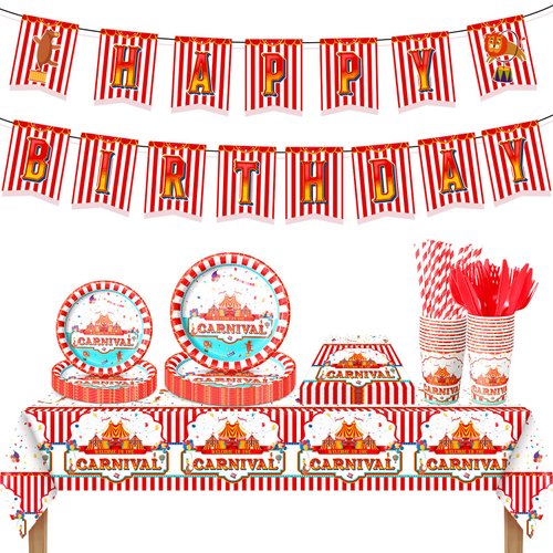 176 Pcs Christmas Carnival Circus Party Supplies Circus Table Decoration Red White Carnival Theme Birthday Tablecloth Banner Paper Plates Napkins Set with Cups Knives Fork Striped Straw for 25 Guest