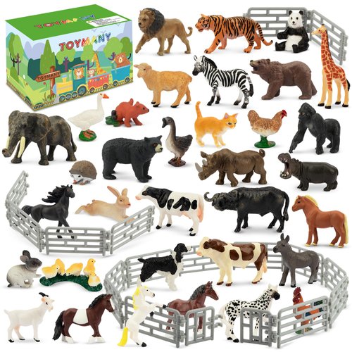 Toymany 50PCS Small Animal Figures, Realistic Mini Jungle Safari Animal, Horse and Farm Animal Figurines with Fence Toys, Animals Cake Topper Birthday Gift for Kids Toddlers