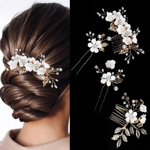 StyleShark 4 Pieces Wedding Hair Comb, Bridal Hair Accessories, Hair Combs for Women Accessories, Wedding Hair Pieces for Brides, Hair Side Combs, Crystal Pearl Hair Accessories, U-shaped Accessories