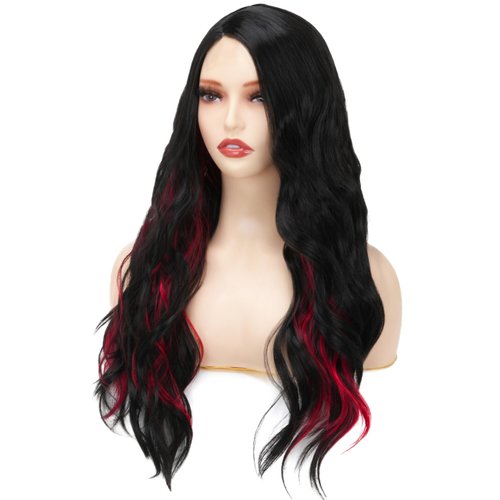 Sabosi Black and Red Long Wavy Wig for Women Red Black Ombre Synthetic Heat Resistant Cosplay Costume Wigs