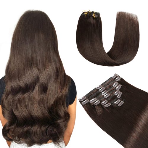 YILITE Hair Extensions Clip in Real Hair 120g 8Pcs Darkest Brown Remy Hair Full Head Straight Double Weft Invisible Clip on Straight Real Hair Extensions Thick (16inches #2 Darkest Brown)