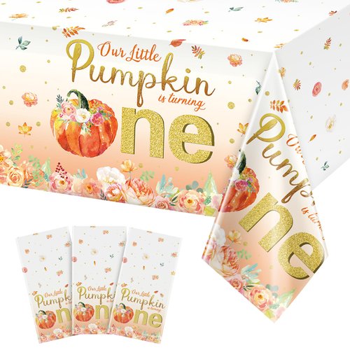 3Pcs Fall Floral Little Pumpkin Baby Shower Tablecloths,Plastic Our Little Pumpkin is Turning One Table Cover for Autumn Thanksgiving Glitter Flower Baby Shower Decoration and Supplies,54X148 inches