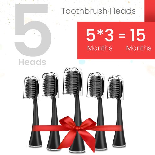 Replacement Toothbrush Heads for Burst Sonic Toothbrush with Dust Cover Caps, Soft Charcoal Bristles for Deep Clean, Black, Pack of 5