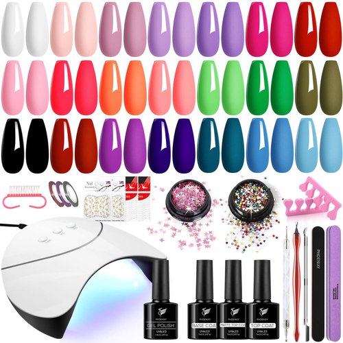 PHOENIXY Gel Nail Polish Set - 42Pcs Gel Nail Polish Kit with U V Light 21 All Season Colors Gel Nail Kit with Matte Gel Top Coat Nail Art Tools Nail Polish Set Gifts for Women