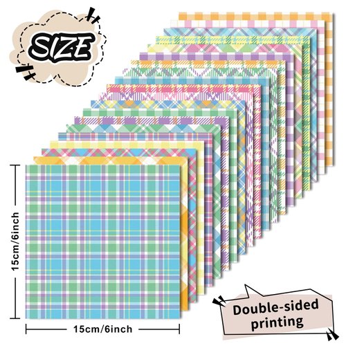JarThenaAMCS 40 Sheets Pastel Plaid Pattern Paper Easter Scrapbook Specialty Paper Candy Color Double Sided Craft Paper For Spring DIY Card Making Photo Album Journal Decor, 6 x 6 Inch