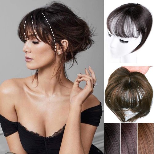 Mini Fringe Hairpiece Straight Clip in Forehead Topper with Wispy Bangs Extension Black Brown