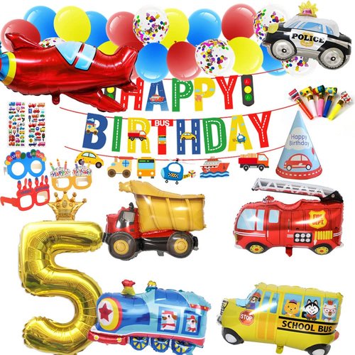 Car Party Supplies - Birthday Party Decorations for 5 years old Kids,Contain a Traffic Banner,a Birthday hat,3 Birthday Glasses,8 Foil Balloons,34 Balloons,Great for Kids Birthday Party
