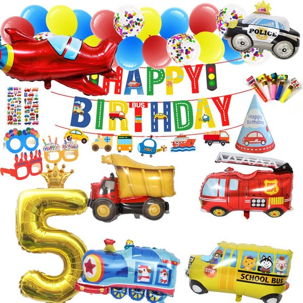 Car Party Supplies - Birthday Party Decorations for 5 years old Kids,Contain a Traffic Banner,a Birthday hat,3 Birthday Glasses,8 Foil Balloons,34 Balloons,Great for Kids Birthday Party