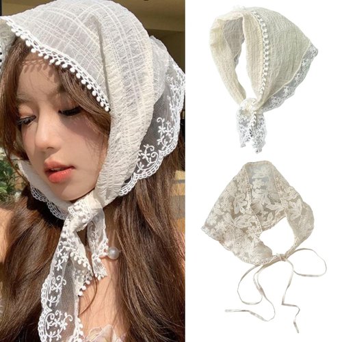mdgfge Crochet Bandanas Headbands Boho Head Kerchief for Women Girls White Flower Head Scarf Hair Scarf Hair Accessories Knitted Floral Headwraps Vintage Hair Styling 2Pcs