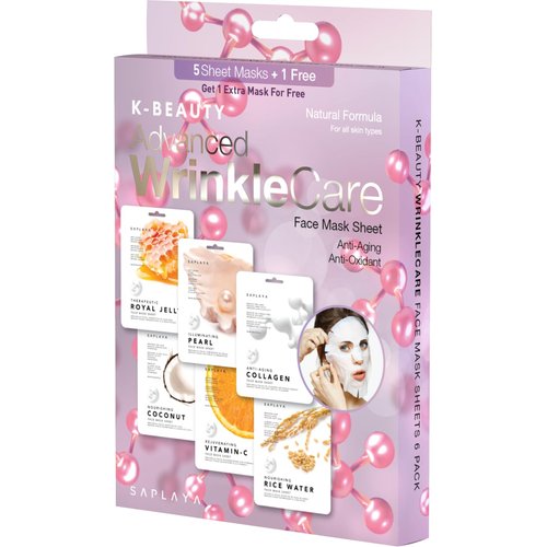 Saplaya K-Beauty Facial Skincare Natural Beauty Multi-Pack Face Sheet Masks Balanced Skin Care Made In South Korea (Wrinkle Care (Red Wine, Tomato, Carrot, Royal Jelly, Pearl, Collagen))