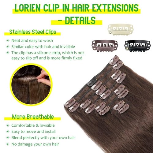 LORIEN Clip in Hair Extensions Real Human Hair, 24 Inch 120g, 4 Dark Brown, Clip in 100% Brazilian Remy Human Hair Extensions 8pcs Per Set with 18 Clips Double Weft