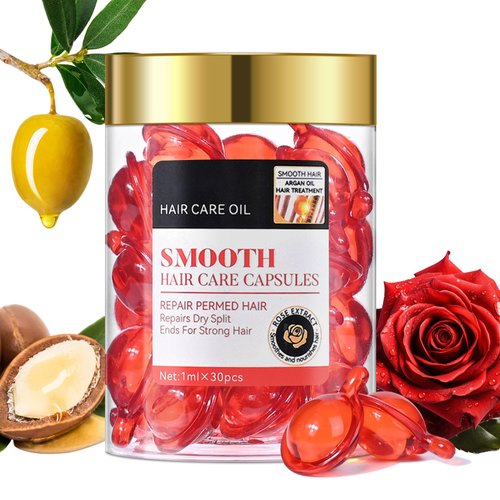 FREEORR Hair Treatment Serum Oil Capsules,Hair Conditioner Serum Capsules for Frizzy & Dry Hair Jojoba & Argan Oil Hair Serum Capsule,Frizz Control Nourish Damaged Hair-30Capsules (Rose)