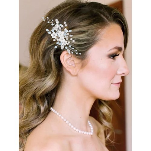 Latious Flower Bride Wedding Hair Clip Silver Pearl Bridal Hair Barrettes Rhinestones Hair Piece for Women and Girls
